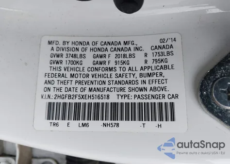 2014 Honda Civic Lx из США, поврежденный, VIN 2HGFB2F5XEH516518